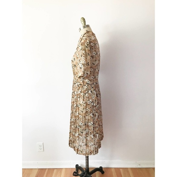 40s Brown Autumn Floral Dress A Line Sheer Daisy - Picture 6 of 10